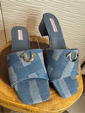 True Religion Patchwork Denim Slide Mules with Gold Logo